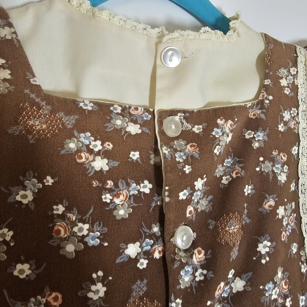 Vintage Dress Girls 6 Brown Floral Ruffle Lace Jumper Style Prairie Cottage Doll